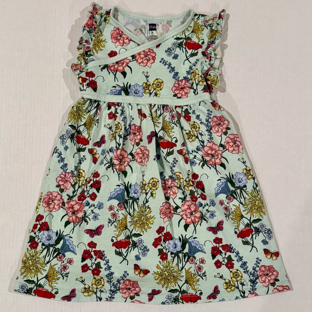 Tea Collection Ruffle Sleeve Wrap-Neck Dress in Intricate Lyrical Floral 4T